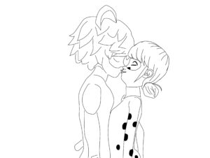 Coloring Page Miraculous: Tales of Ladybug & Cat Noir, Marinette kisses Adrien, Ladybug & Cat Noir kissing
