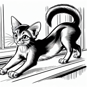 Coloring page of a Abyssinian cat, mischievous kitty stretching on a windowsill