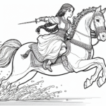 Coloring page of a Andalusian young woman on horseback, fantasy warrior princess jumping over a fence