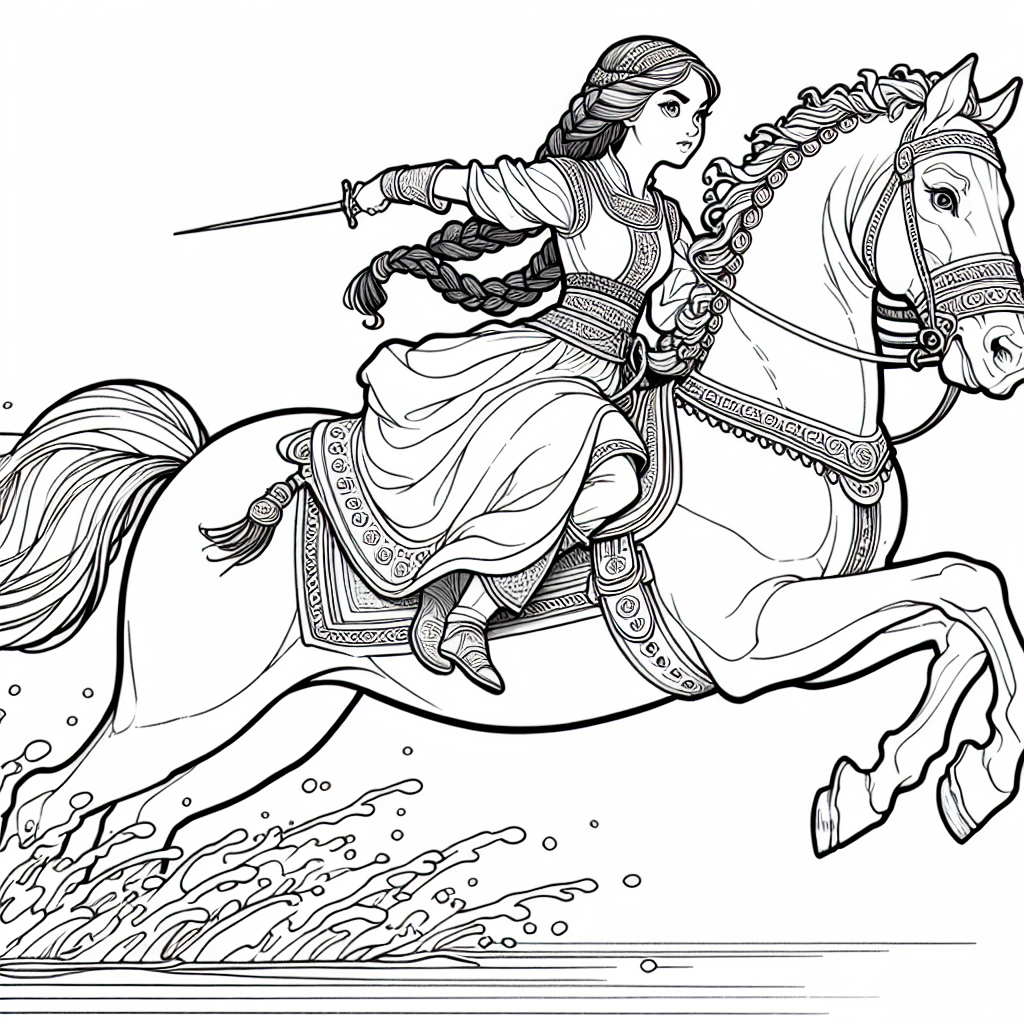 Coloring page of a Andalusian young woman on horseback, fantasy warrior princess jumping over a fence