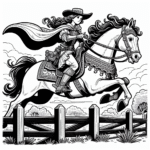 Coloring page of a Andalusian young woman on horseback, medieval knightess jumping over a fence