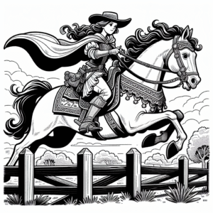 Coloring page of a Andalusian young woman on horseback, medieval knightess jumping over a fence