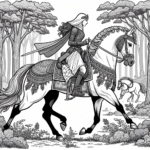 Coloring page of a Arabian horse female rider, equestrian athlete riding through a forest