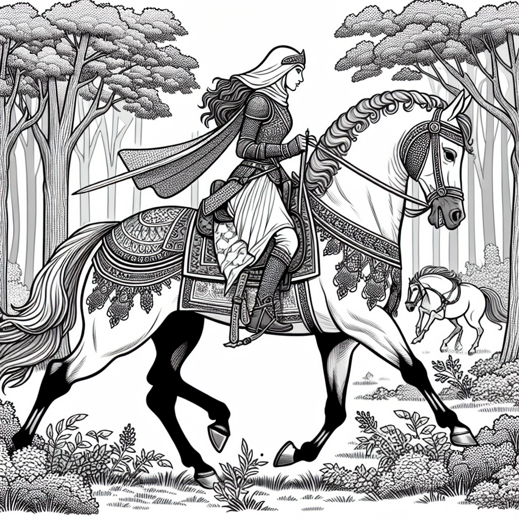 Coloring page of a Arabian horse female rider, equestrian athlete riding through a forest