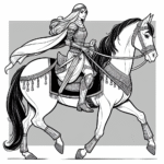 Coloring page of a Arabian horse girl riding a horse, fantasy warrior princess posing proudly with her horse
