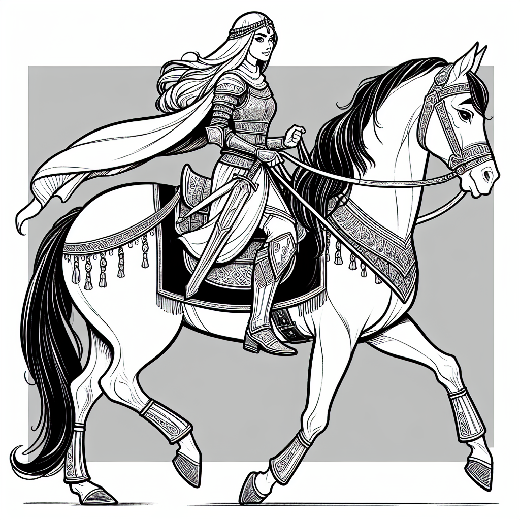 Coloring page of a Arabian horse girl riding a horse, fantasy warrior princess posing proudly with her horse