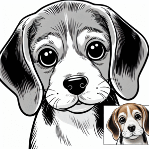 Coloring page of a Beagle dog, curious explorer posing for a photo