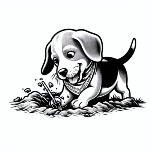 Coloring page of a Beagle dog, playful friend digging a hole