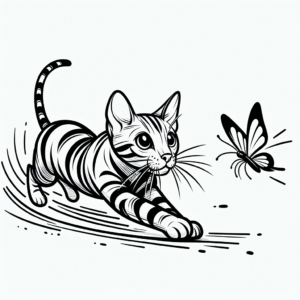 Coloring page of a Bengal cat, curious cat chasing a butterfly