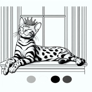 Coloring page of a Bengal cat, graceful feline stretching on a windowsill