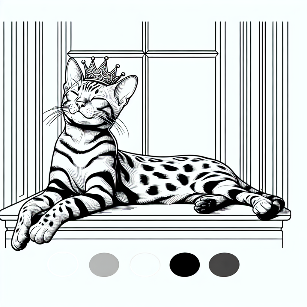Coloring page of a Bengal cat, graceful feline stretching on a windowsill