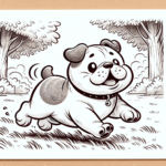 Coloring page of a Bulldog dog, curious explorer running in a park