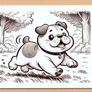 Coloring page of a Bulldog dog, curious explorer running in a park
