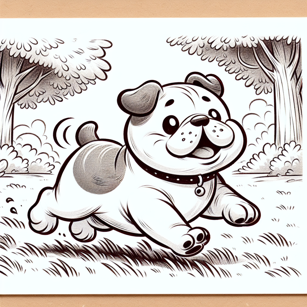 Coloring page of a Bulldog dog, curious explorer running in a park