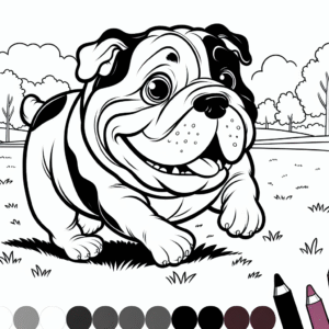 Coloring page of a Bulldog dog, loyal companion running in a park