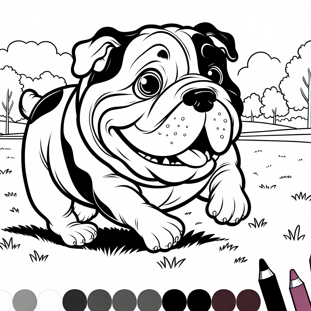 Coloring page of a Bulldog dog, loyal companion running in a park