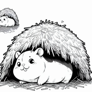 Coloring page of a cavy, playful pet hiding under hay