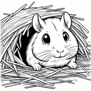 Coloring page of a cavy, playful pet hiding under hay