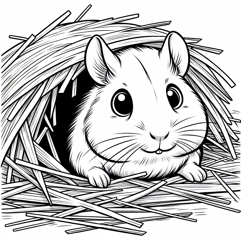 Coloring page of a cavy, playful pet hiding under hay