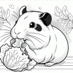 Coloring page of a cavy, playful pet nibbling on lettuce