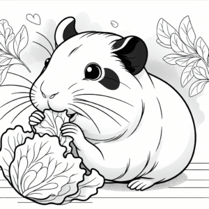 Coloring page of a cavy, playful pet nibbling on lettuce