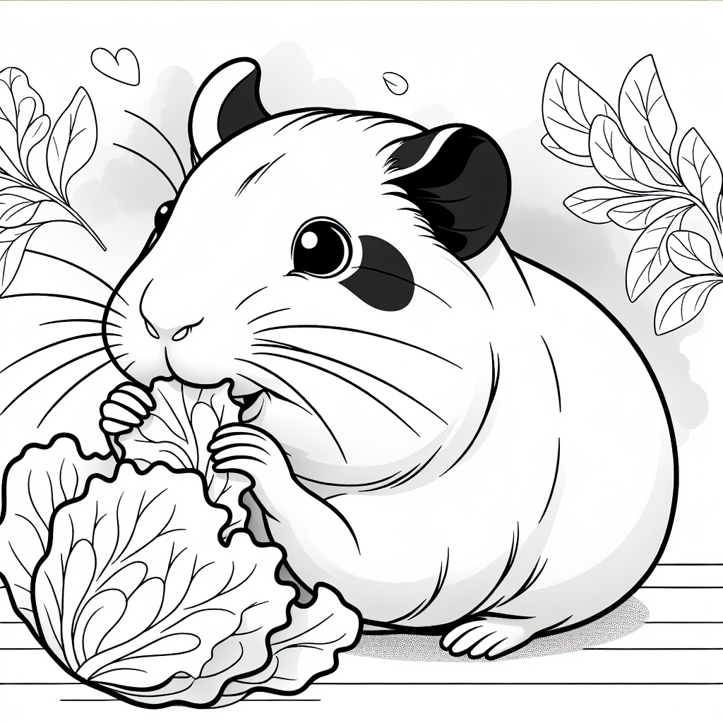 Coloring page of a cavy, playful pet nibbling on lettuce