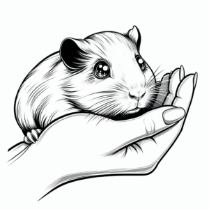 Coloring page of a cavy, snuggly buddy resting on a human hand
