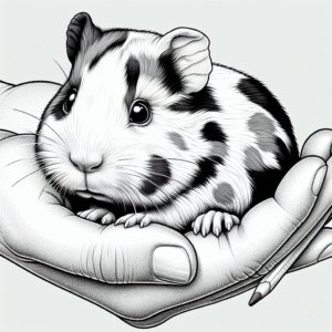 Coloring page of a cavy, tiny explorer resting on a human hand