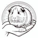 Coloring page of a cavy, tiny explorer resting on a human hand