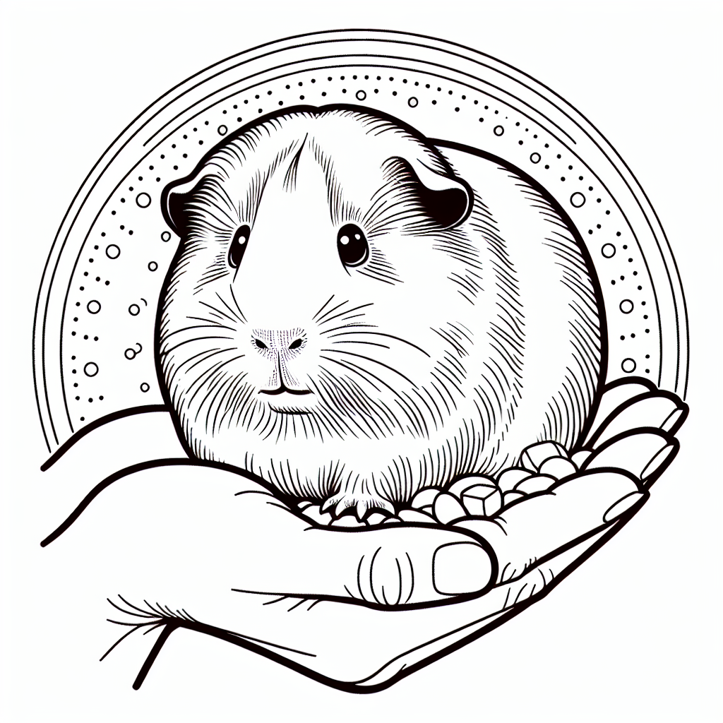 Coloring page of a cavy, tiny explorer resting on a human hand