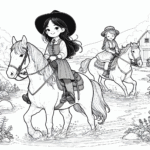 Coloring page of a Clydesdale girl riding a horse, village girl on a pony crossing a river