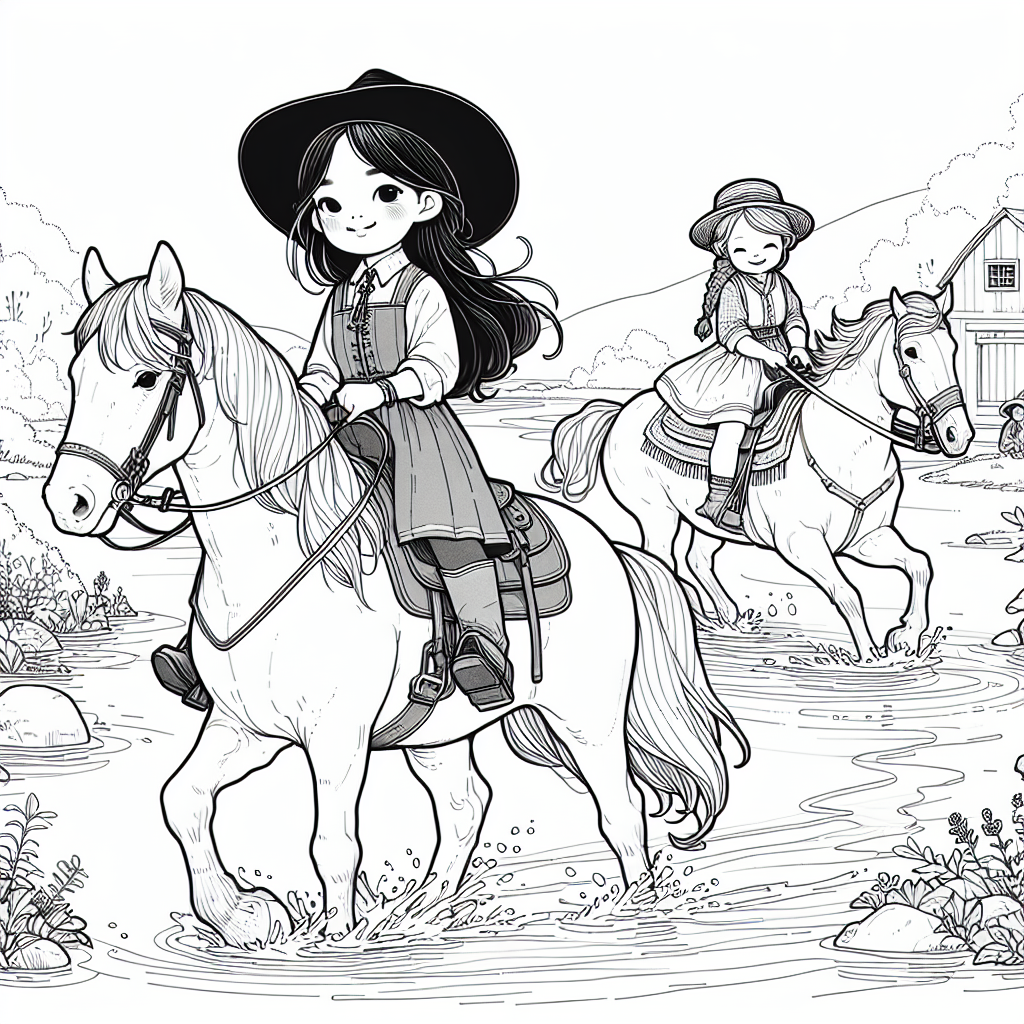 Coloring page of a Clydesdale girl riding a horse, village girl on a pony crossing a river