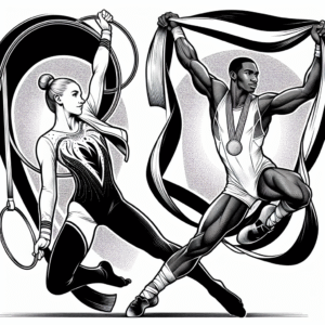 Coloring page of a competitive gymnast, aerial silk performer posing with a hoop