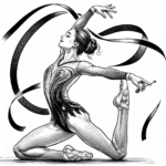 Page à colorier d’une gymnaste compétitive, une gymnaste rythmique qui fait tournoyer un ruban