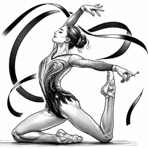 Coloring page of a competitive gymnast, rhythmic gymnast twirling a ribbon