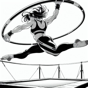 Coloring page of a competitive gymnast, trampoline gymnast posing with a hoop