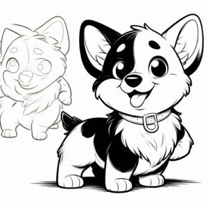 Coloring page of a Corgi dog, playful friend posing for a photo