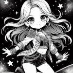 Coloring page of a cute K-pop character, influencer posing on stage