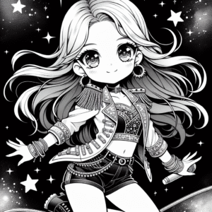 Coloring page of a cute K-pop character, influencer posing on stage