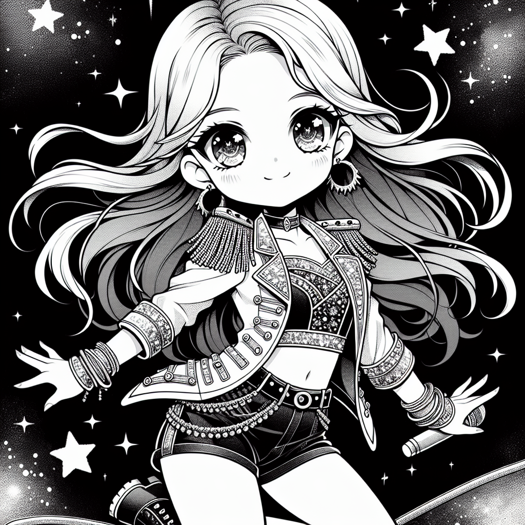 Coloring page of a cute K-pop character, influencer posing on stage
