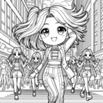 Coloring page of a cute K-pop character, leader spinning with hair flying