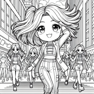 Coloring page of a cute K-pop character, leader spinning with hair flying