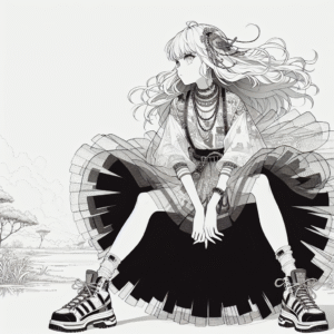 Coloring page of a cute K-pop character, maknae kneeling dramatically