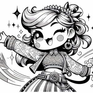 Coloring page of a cute kawai K-pop character, stage star blowing a kiss