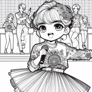 Coloring page of a cute kawai K-pop character, stage star leaning forward to the audience