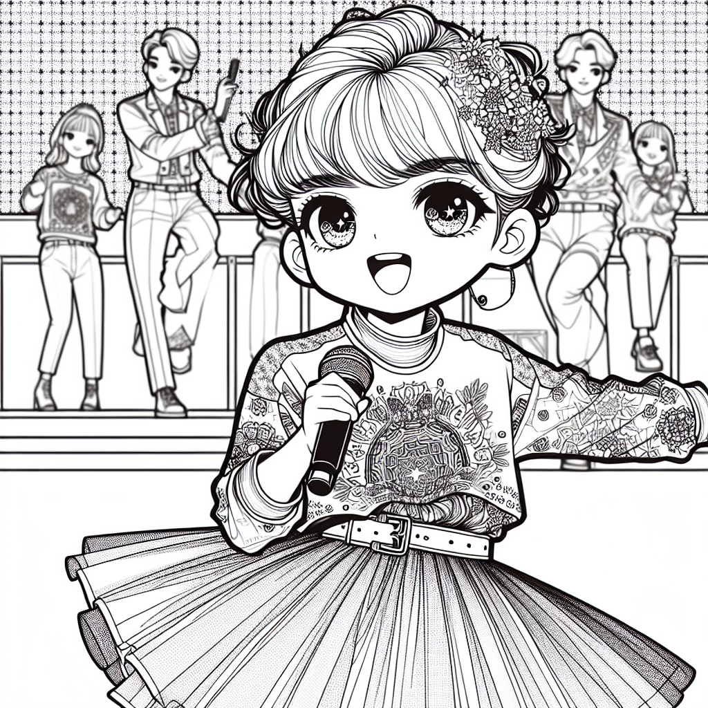 Coloring page of a cute kawai K-pop character, stage star leaning forward to the audience