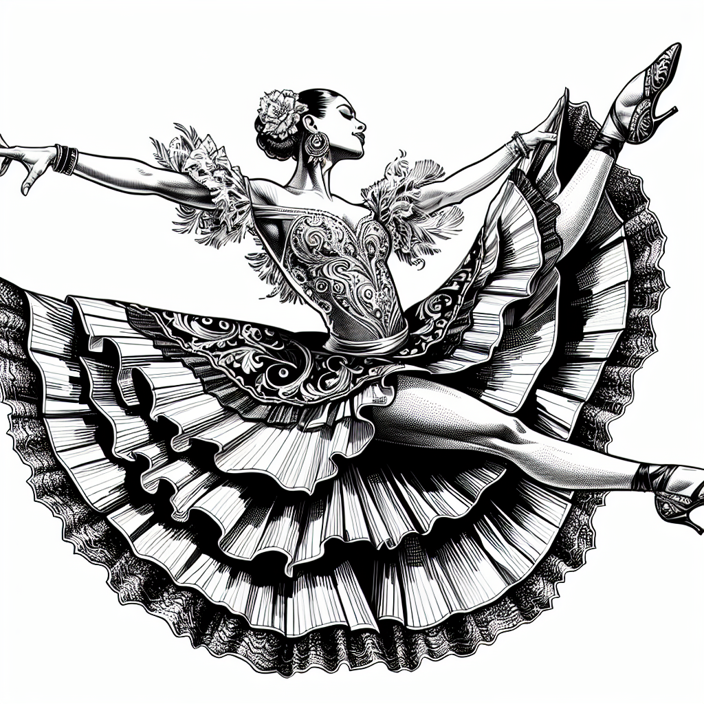 Coloring page of a dancer, salsa performer performing a split