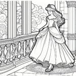 Coloring page of a enchanted princess, brave heroine standing on a balcony