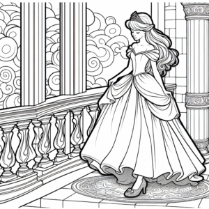 Coloring page of a enchanted princess, brave heroine standing on a balcony