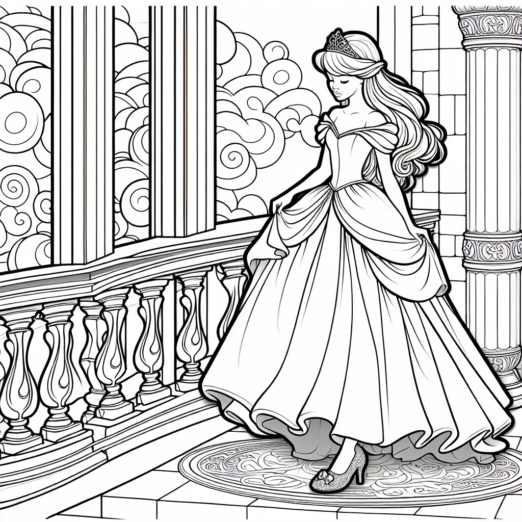 Coloring page of a enchanted princess, brave heroine standing on a balcony